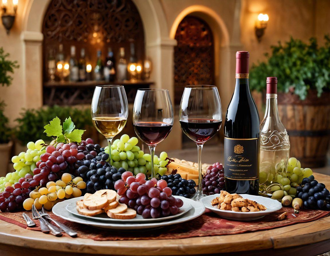 A beautifully arranged table featuring a variety of exquisite wines sourced from Arab heritage and American vineyards, surrounded by lush grapes and elegant wine glasses. In the background, a blend of traditional Arab decorations and modern American business elements creates a harmonious setting. Soft, warm lighting enhances the joyful atmosphere, inviting viewers to indulge in the experience. super-realistic. vibrant colors. elegant setting.