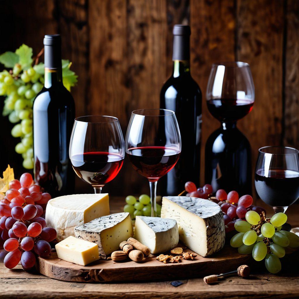 A beautifully arranged wine tasting scene on a rustic wooden table, highlighting glasses of rich red and white wines; vibrant grapevines in the background with cultural artifacts from various wine-producing regions. Include warm, inviting lighting to evoke joy and celebration. Emphasize the diversity of traditions with elements like traditional corkscrews, wine barrels, and artisanal cheeses. warm and inviting. vibrant colors. rustic style.