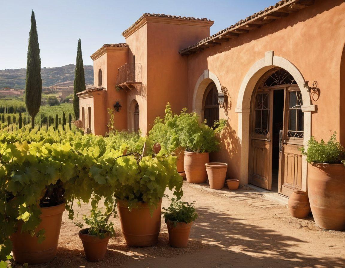 A picturesque vineyard split into two sides: one showcasing traditional Middle Eastern winemaking with terracotta pots and ancient architectural elements, while the other side features American modern winery buildings and equipment. Both cultures blend seamlessly with vines intertwined, showcasing grapes from each region. Sunlight filters through, casting a warm glow, and people of diverse backgrounds celebrate together among the grapes. captivating colors. super-realistic. vibrant contrast.